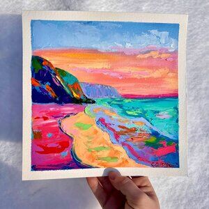 Original Abstract Beach Colorful Oil Painting Dreamy Escape Fun Funky New Decor
